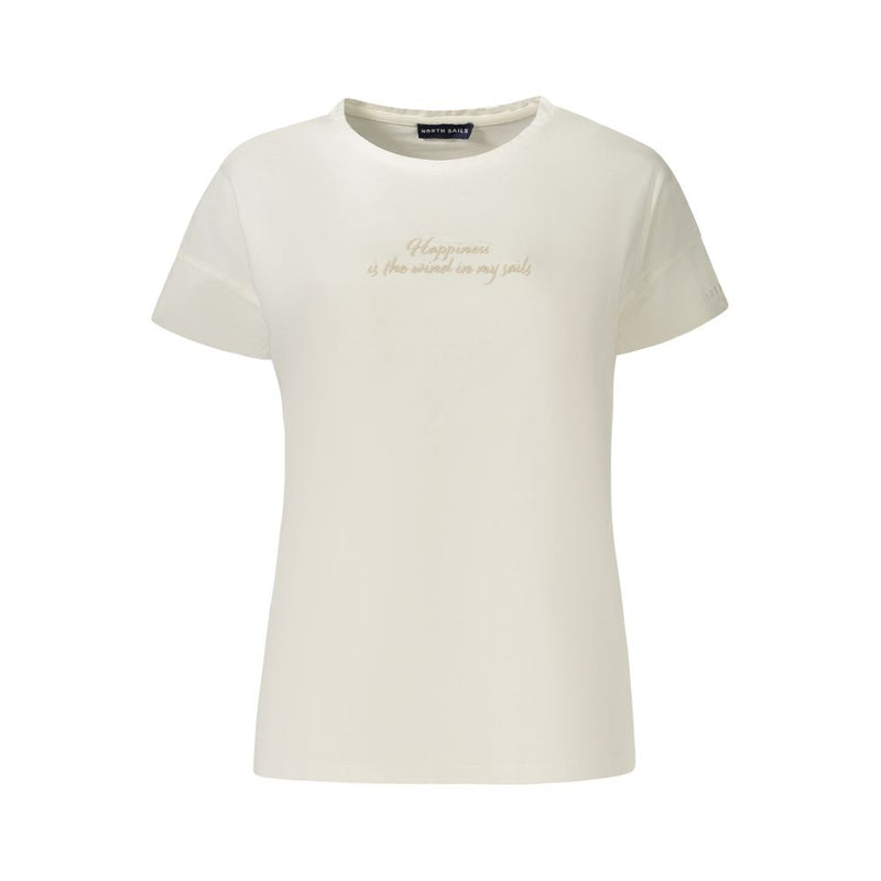 White cotton women's short-sleeve t-shirt with cursive text on the chest