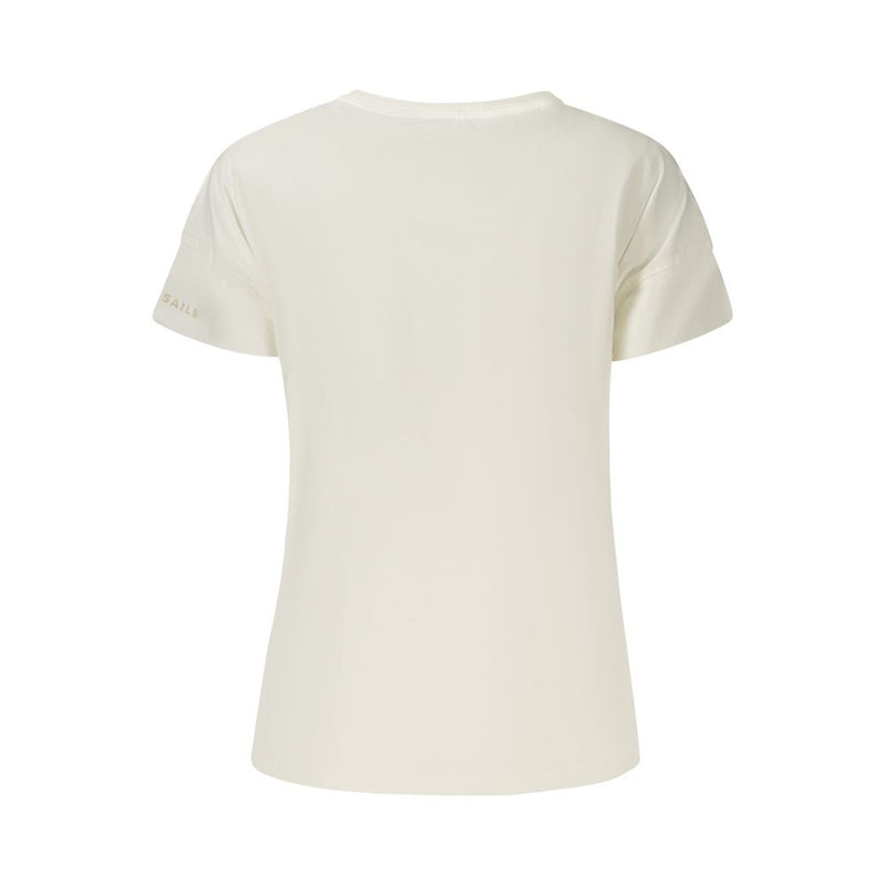 Back of a plain white cotton short-sleeved womens t-shirt with subtle branding on the sleeve