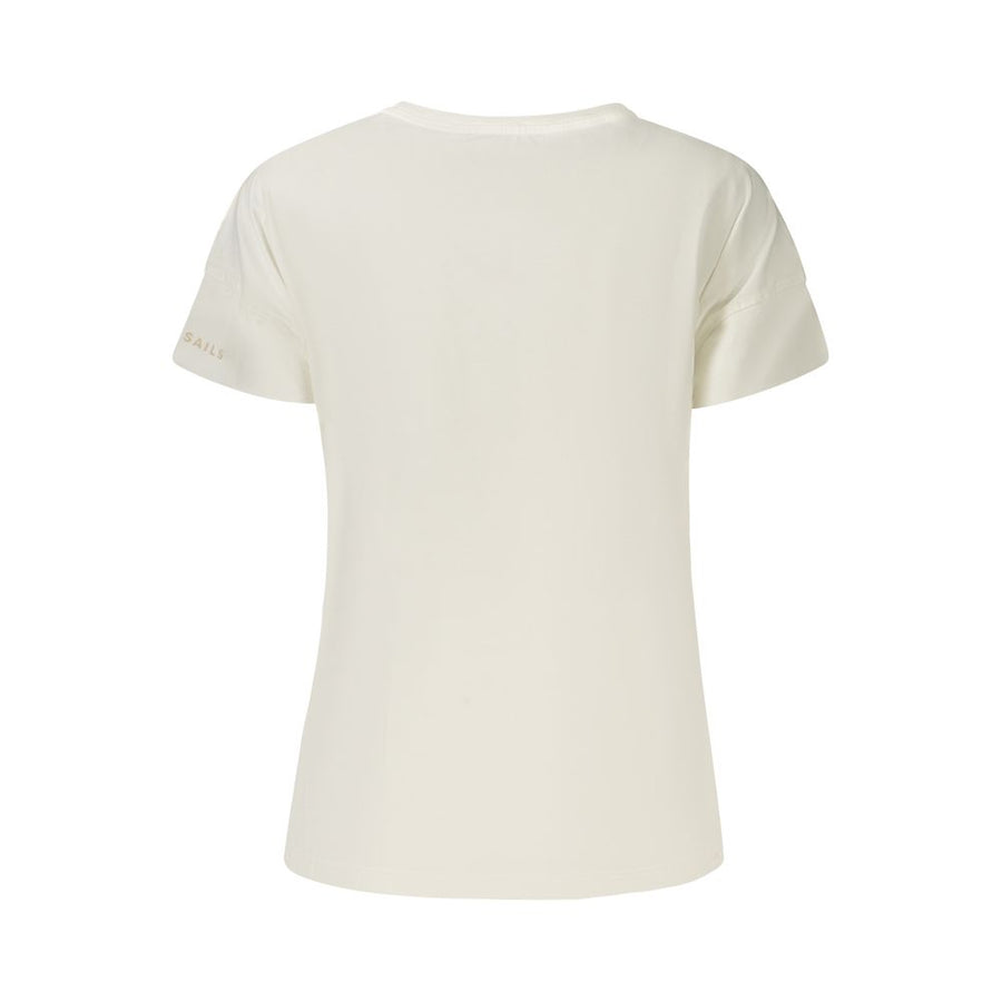 White cotton women's short-sleeve t-shirt with cursive text on the chest