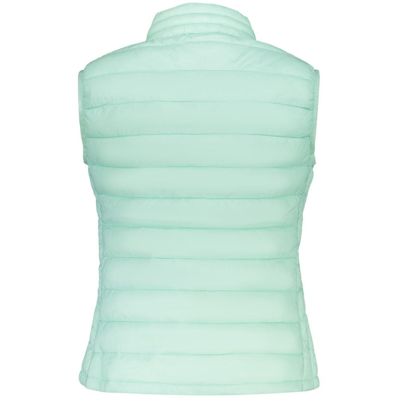 Mint green quilted polyester women's puffer vest shown from the back