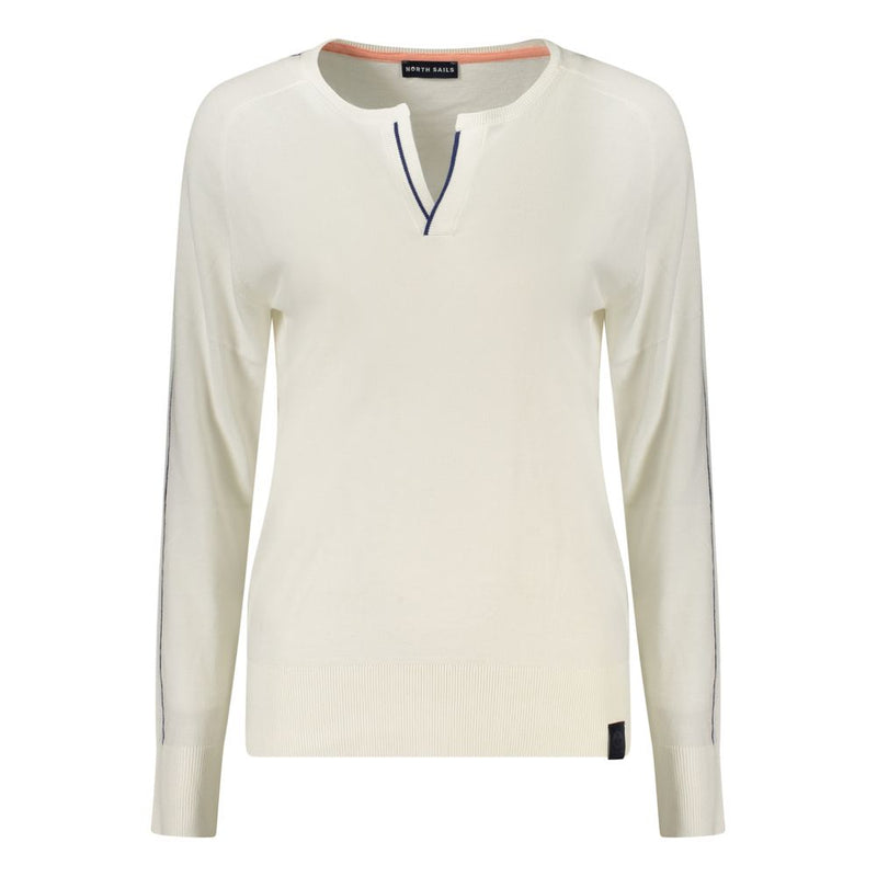 Off-white viscose women's long-sleeve knit shirt with a split V-neckline