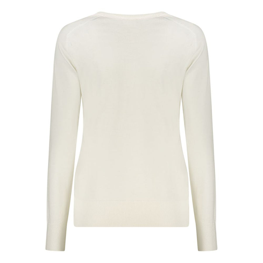 Off-white viscose women's long-sleeve knit shirt with a split V-neckline