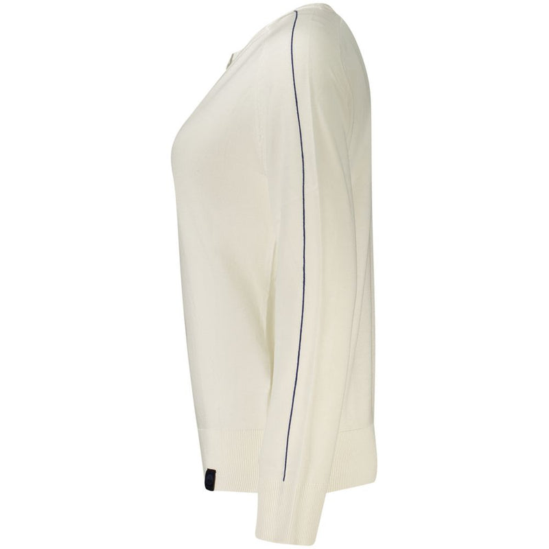 Side view of a white viscose women's long-sleeve shirt with a thin blue shoulder stripe