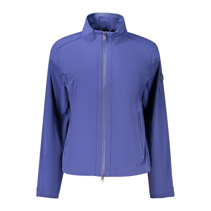 Blue nylon women's zip-up jacket with a stand-up collar