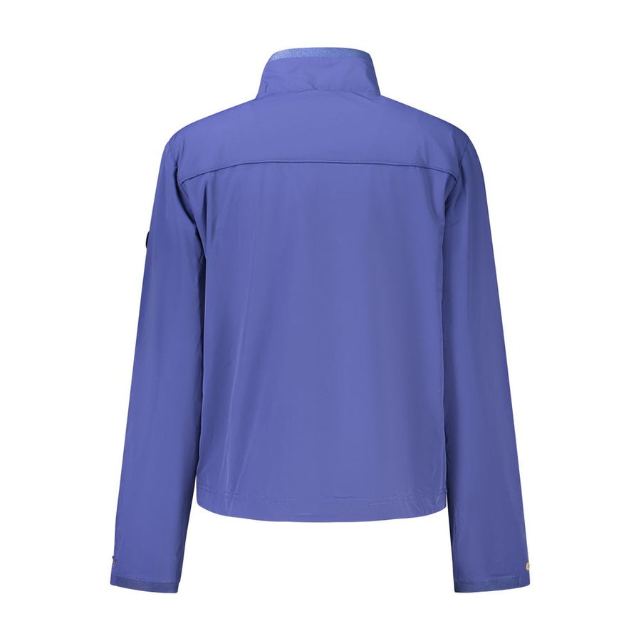 Blue nylon women's zip-up jacket with a stand-up collar