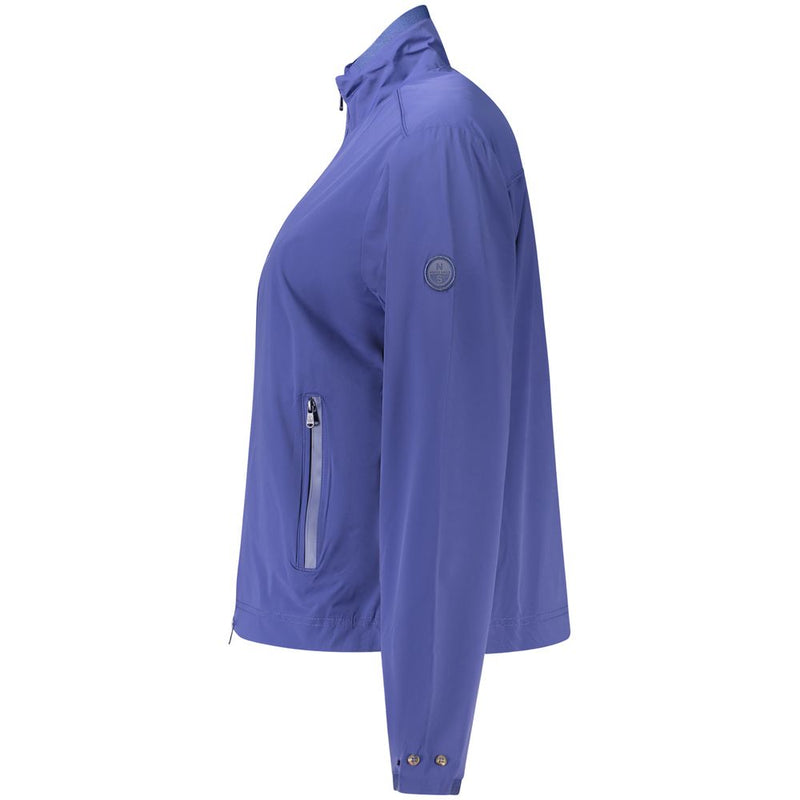 Blue nylon women's full-zip jacket with a stand collar and zippered pocket