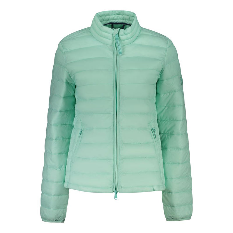 Light green polyester quilted puffer jacket with stand collar and zipper closure