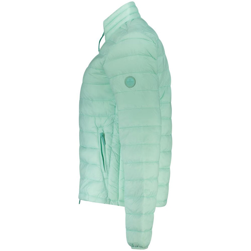 Light green quilted polyester puffer jacket with high neck and side zip pockets