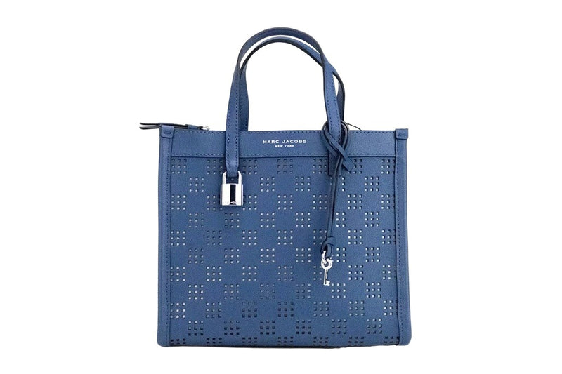 Blue sea perforated leather crossbody tote bag with top handles and silver padlock charm