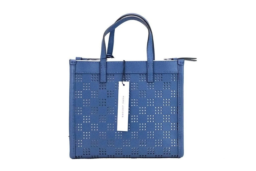 Blue sea perforated leather crossbody tote bag with top handles and silver padlock charm