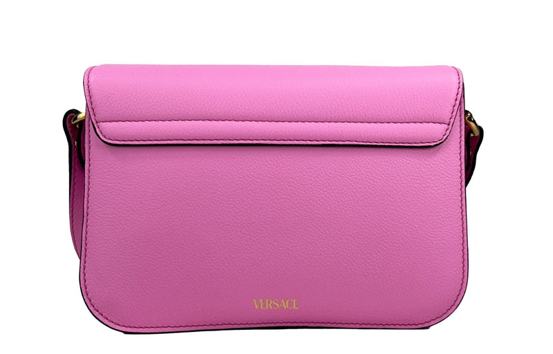 Pink leather Versace crossbody shoulder bag purse with flap closure