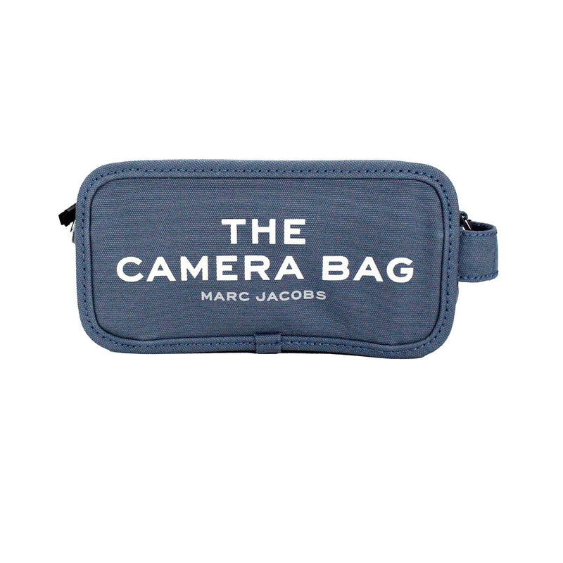 Blue canvas Marc Jacobs camera bag with white text on the front