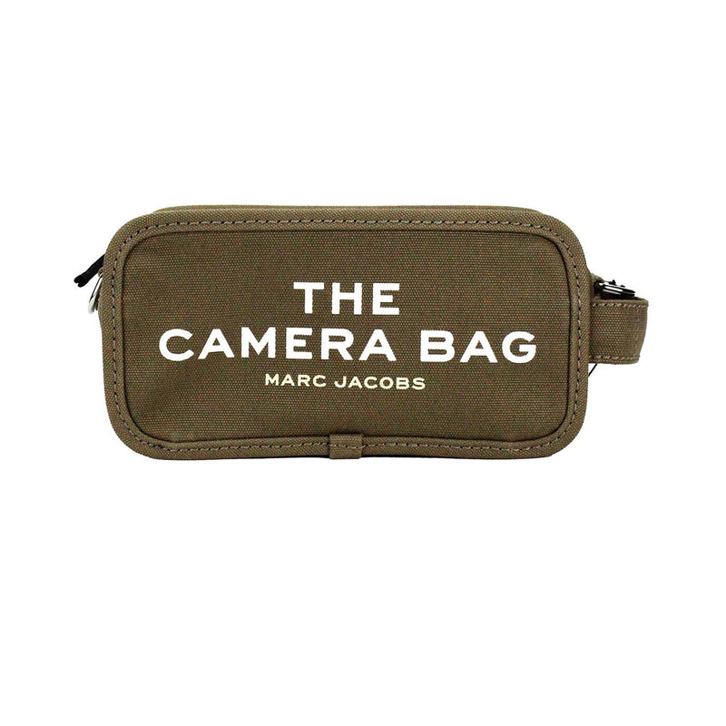 Slate green canvas Marc Jacobs camera bag with white text