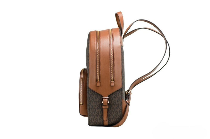 Side view of a brown monogram PVC backpack with tan leather trim and gold zippers