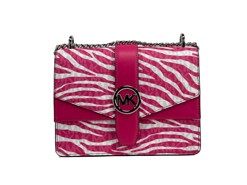 Pink and white zebra print canvas and leather shoulder bag with a silver chain strap