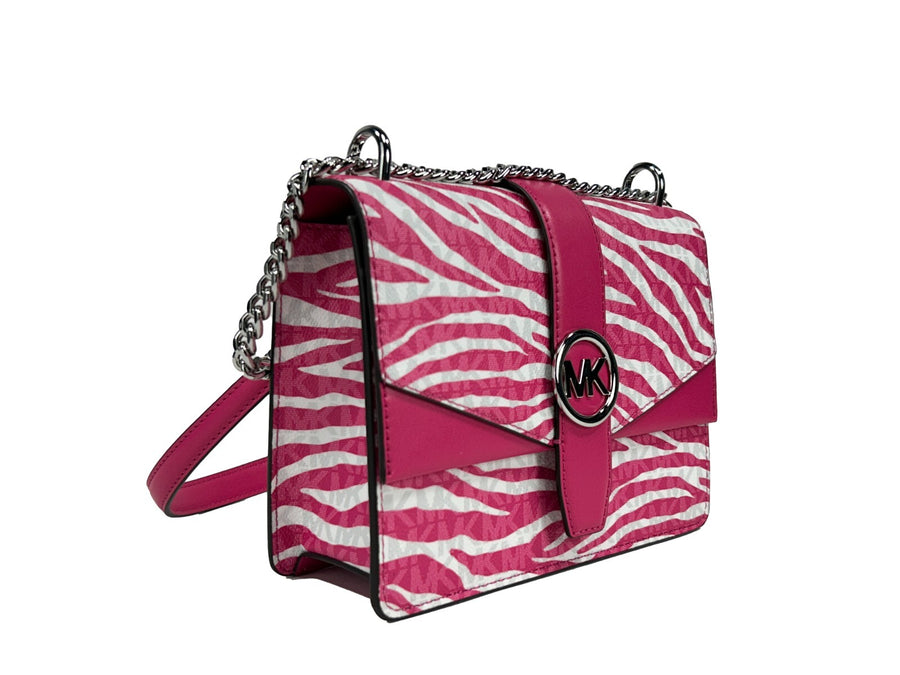 Pink and white zebra print canvas and leather shoulder bag with a silver chain strap