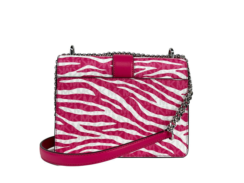Pink and white zebra print leather flap crossbody bag with silver chain strap