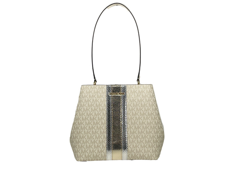 Michael Kors monogram coated canvas bucket shoulder bag in vanilla with a metallic gold and silver center stripe