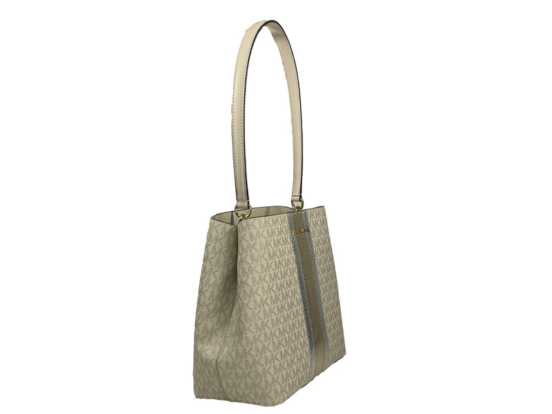 Beige and white MK monogram leather bucket shoulder bag with vertical stripe