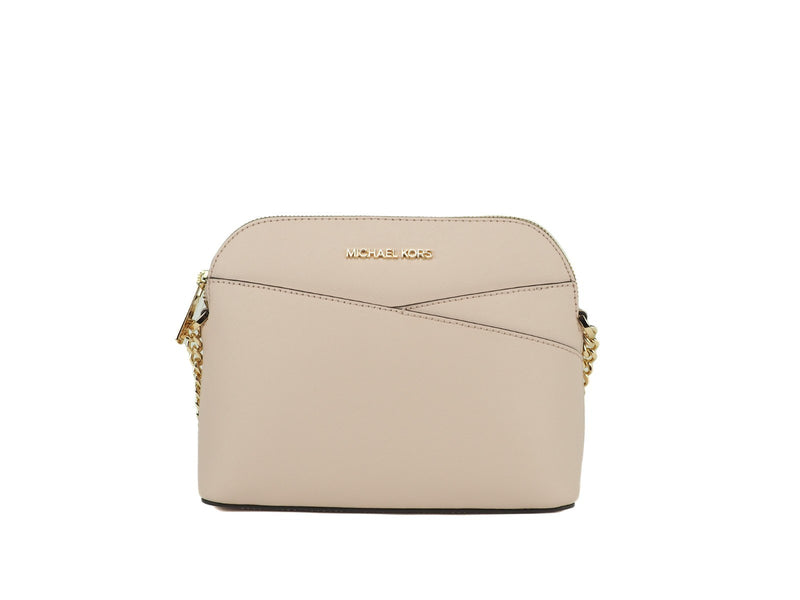 Beige leather dome crossbody bag with gold hardware and chain strap