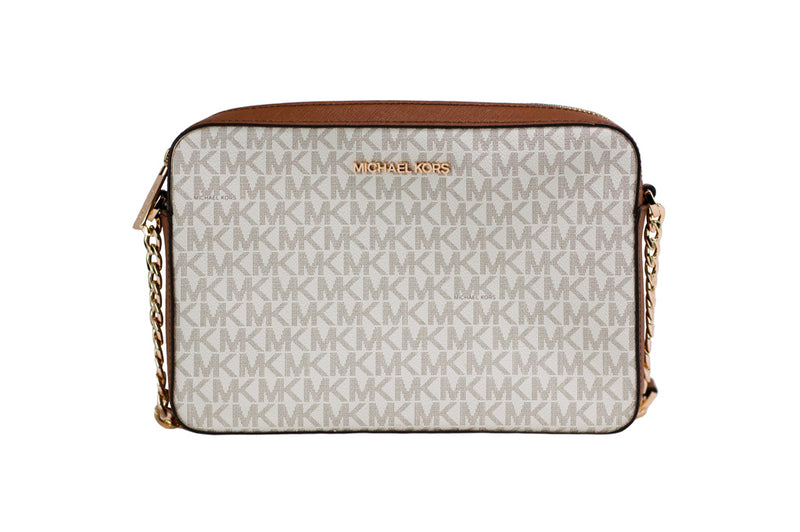 Michael Kors vanilla and brown signature logo crossbody bag with gold chain strap