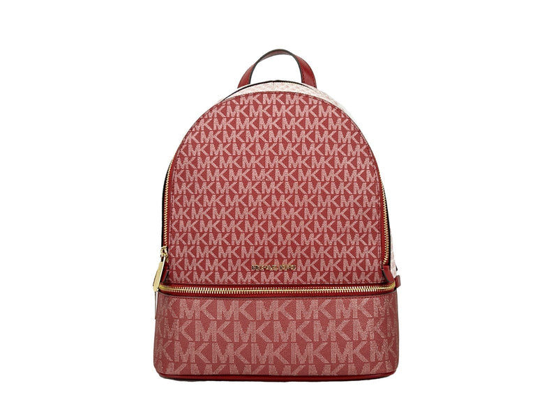 Red monogram coated canvas Michael Kors Rhea backpack with gold hardware