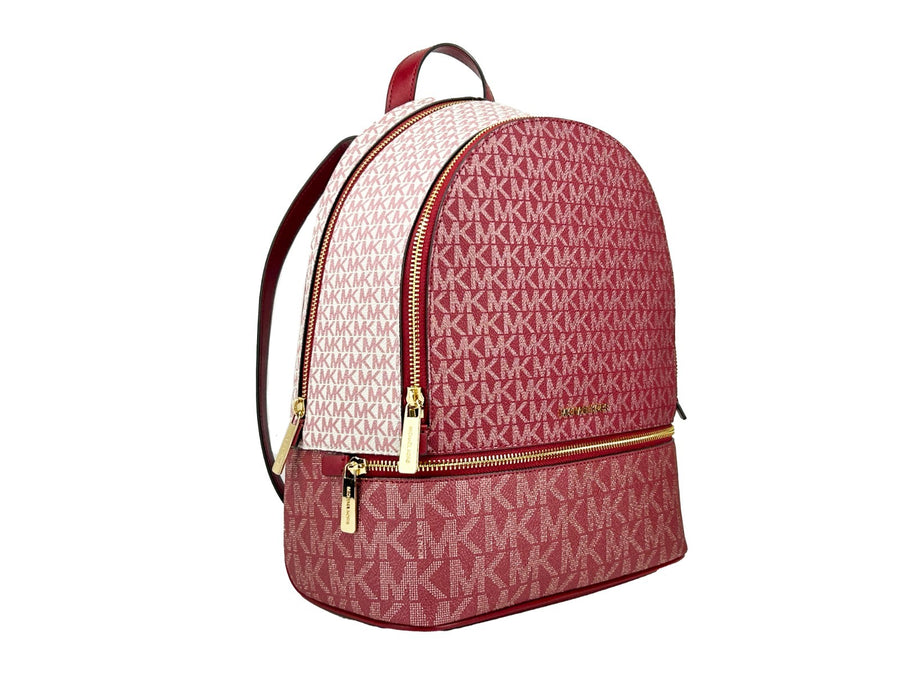 Red monogram coated canvas Michael Kors Rhea backpack with gold hardware