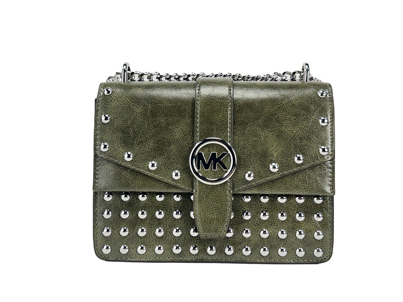Olive green leather studded flap shoulder bag with silver hardware