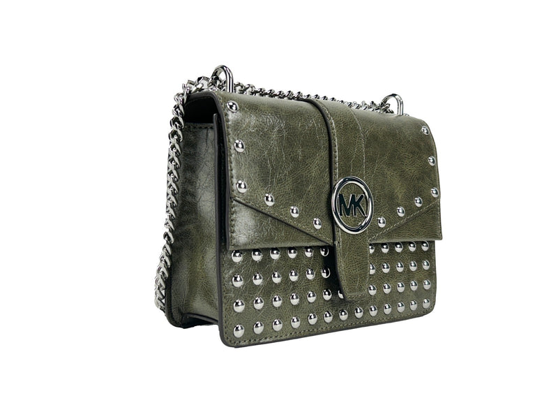 Olive green leather studded flap crossbody bag with silver chain strap and MK logo clasp