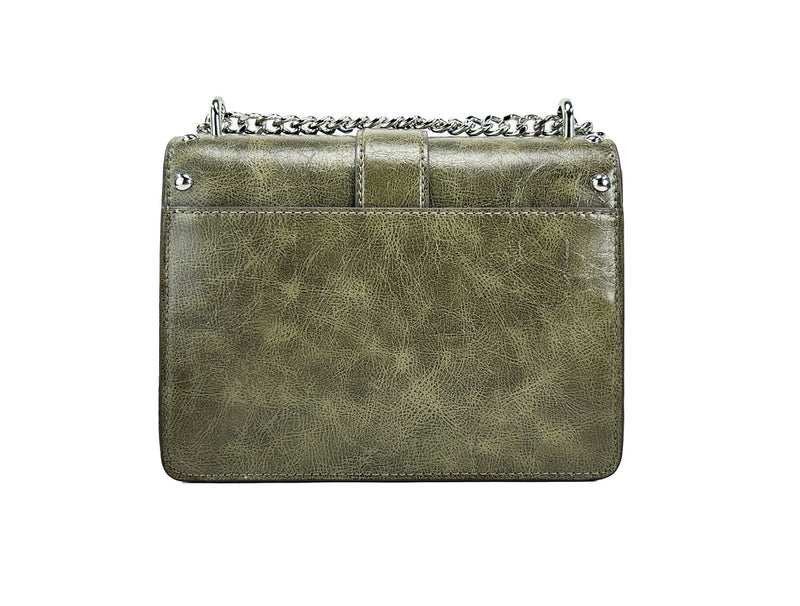 Olive green leather flap shoulder crossbody bag with silver chain strap