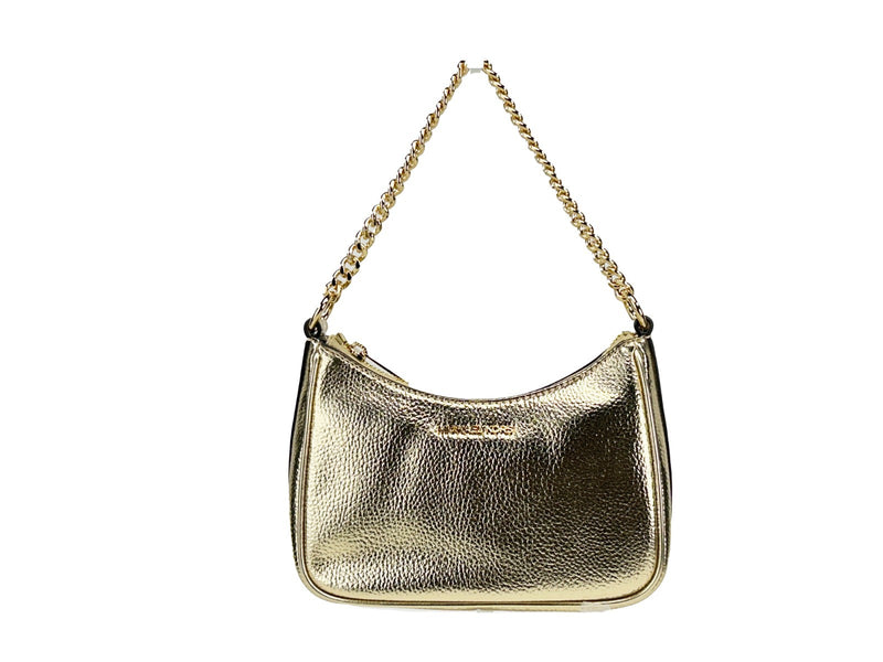 Metallic gold leather small pouchette crossbody bag with gold chain strap
