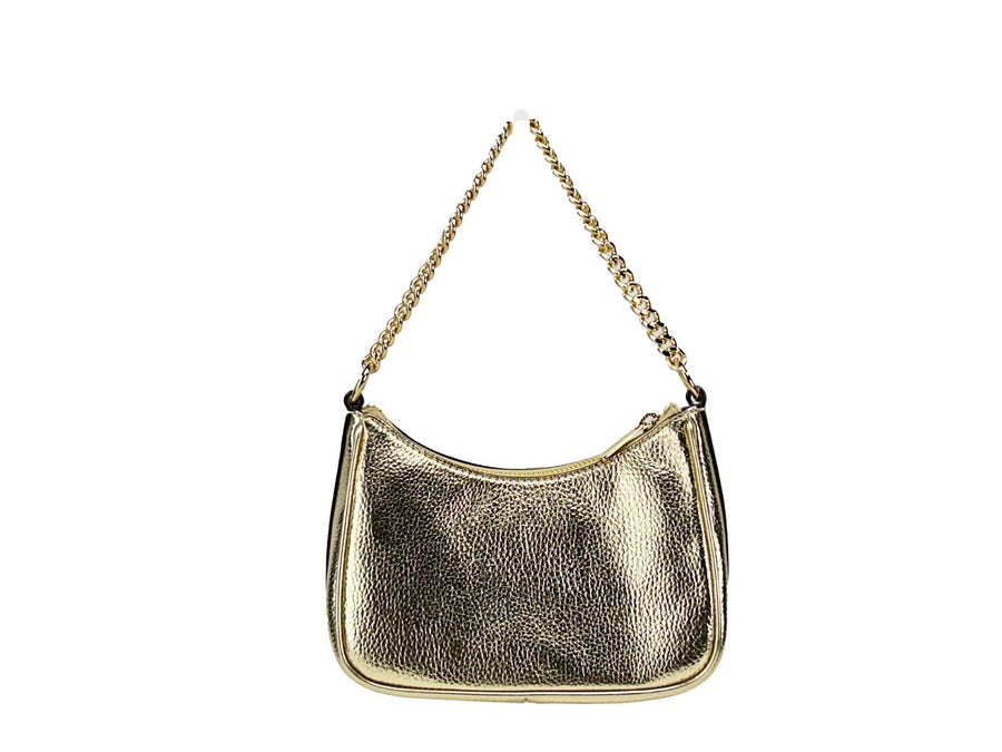 Metallic gold leather small pouchette crossbody bag with gold chain strap