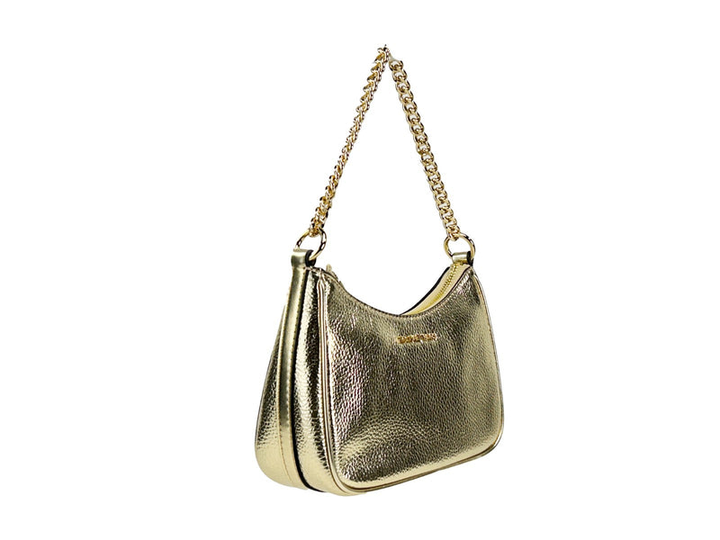 Gold metallic leather pouchette crossbody bag with a chain strap