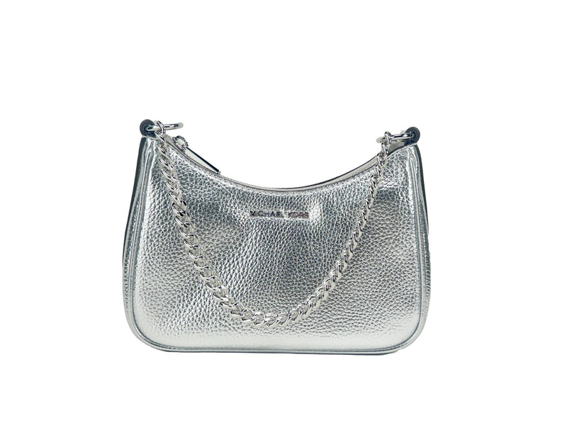 Small metallic silver leather pouchette crossbody bag with a chain strap