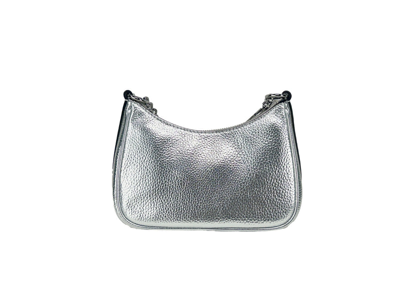 Metallic silver pebbled leather small pouchette crossbody bag with silver hardware
