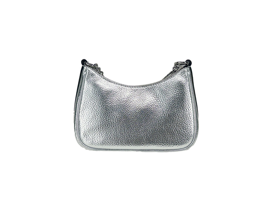 Small metallic silver leather pouchette crossbody bag with a chain strap
