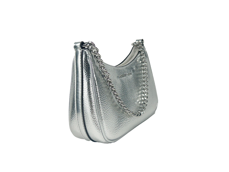 Small metallic silver leather pouchette crossbody bag with a chunky chain strap