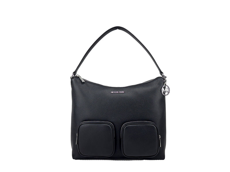 Black leather cargo shoulder bag with two front pockets and silver hardware