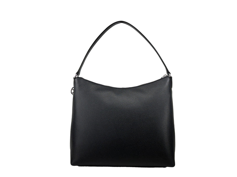 Black pebbled leather shoulder bag with a single strap and slouchy silhouette