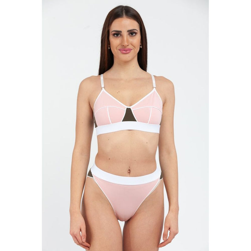 Moschino multicolor cotton bra with pink cups and white trim worn by a model