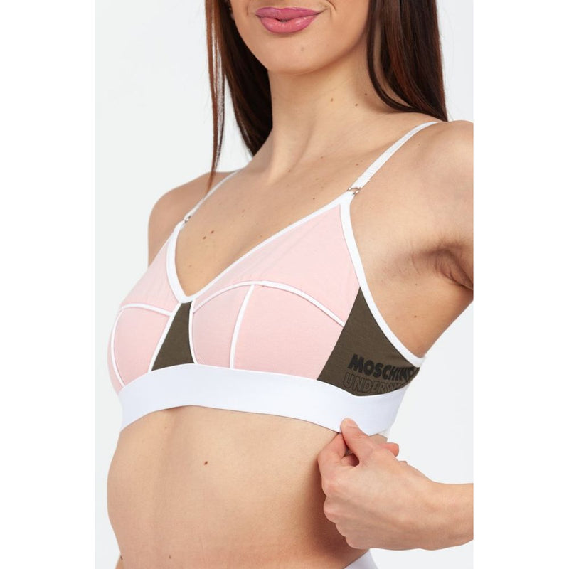 Pink and olive cotton bralette with white trim and branding on the band