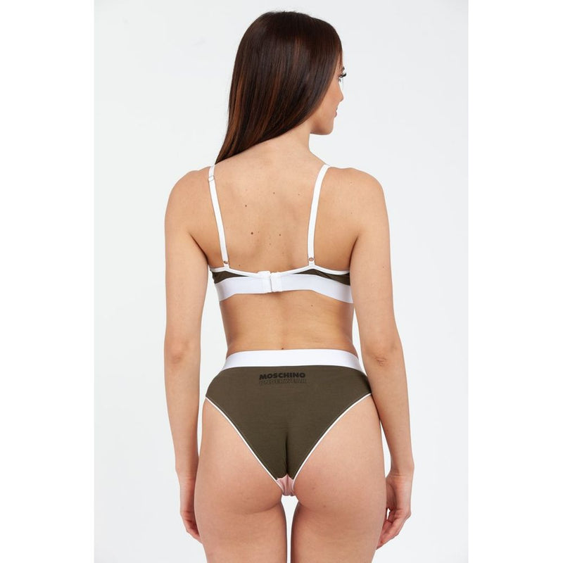 Moschino multicolor cotton bra with white straps and trim worn from the back