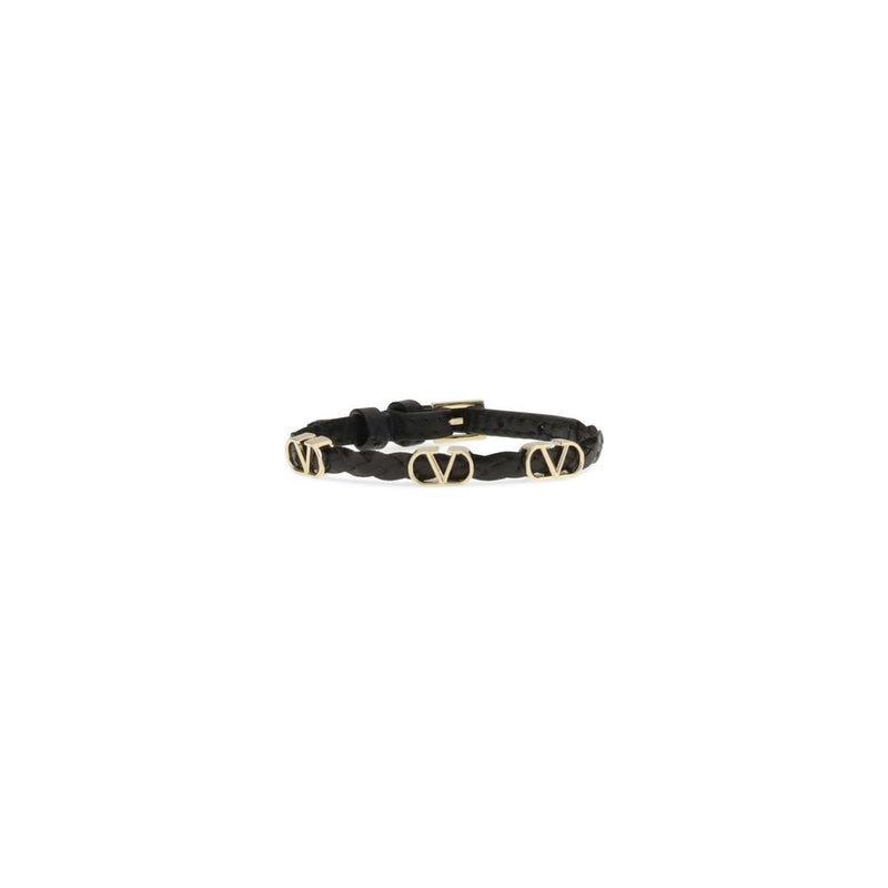 Black braided leather bracelet with three gold-tone V logo hardware accents