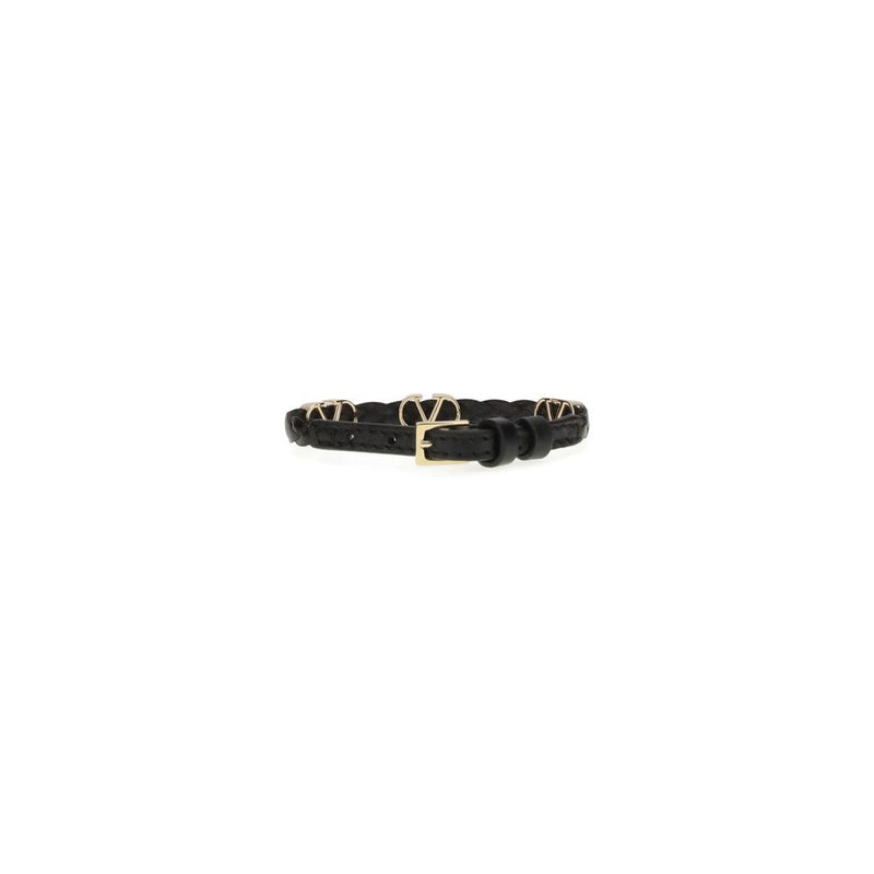 Black leather buckle bracelet with gold hardware and V logo accents