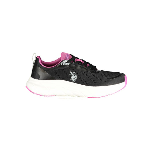 U.S. Polo Assn. black fabric sneaker with pink accents, lace-up style, and white platform sole.