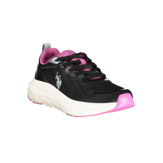 U.S. POLO ASSN. women's black fabric sneaker with pink accents, lace-up style, and a chunky white sole.