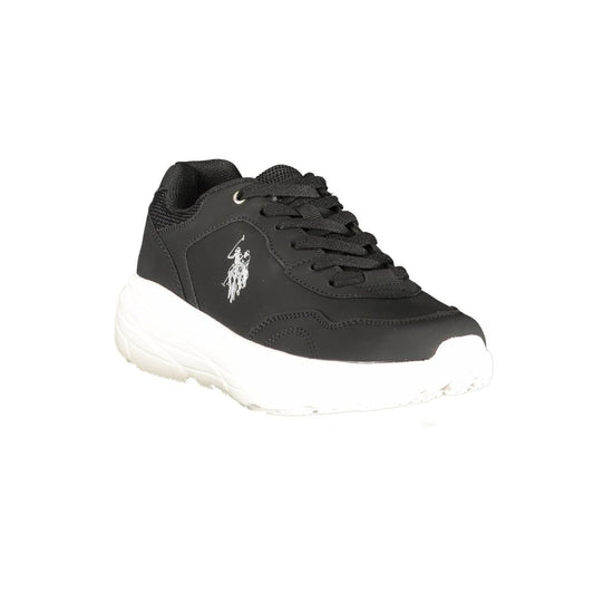 Black polyurethane women’s lace-up sneaker with thick white sole and U.S. Polo Assn. logo.
