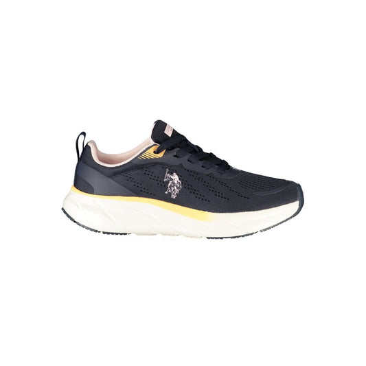 U.S. Polo Assn. blue fabric women’s running sneaker with white chunky sole and side logo detail.