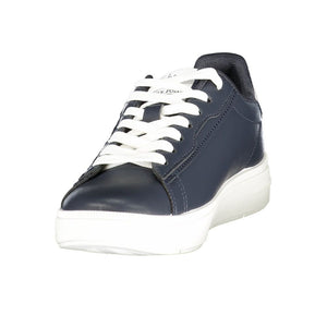 U.S. Polo Assn. blue polyurethane low-top women's sneaker with white laces and a thick white sole.