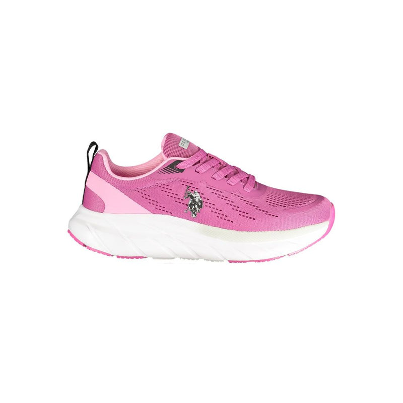 Pink U.S. Polo Assn. women’s polyurethane athletic sneaker with mesh upper and thick white sole.